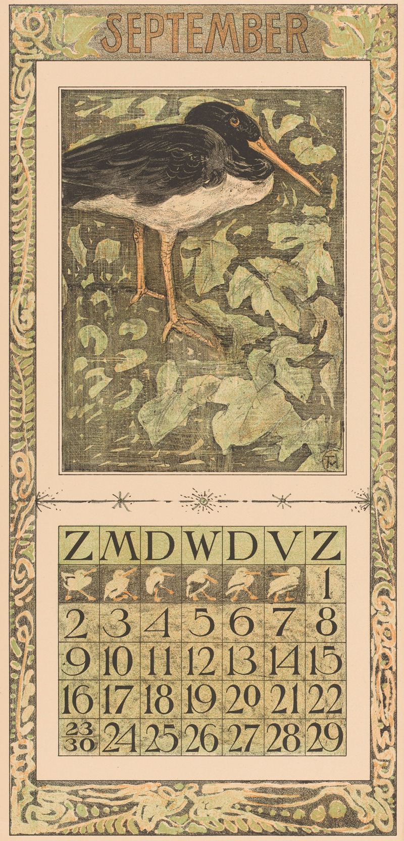 Kalenderblad september met scholekster by Тео ван Хойтема, 1905 — digital art print download