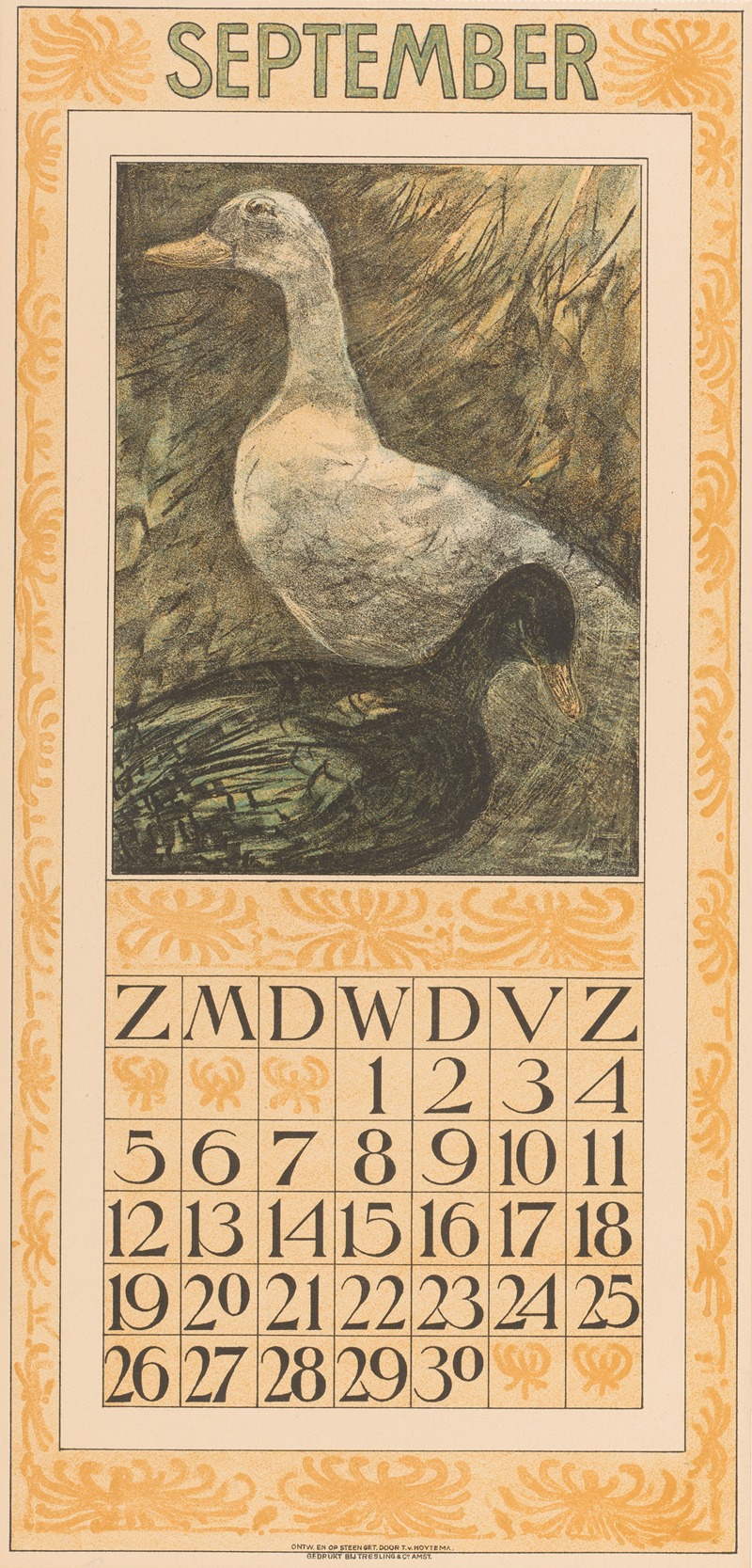 Kalenderblad september met twee staande eenden by Тео ван Хойтема, 1908 — digital art print download