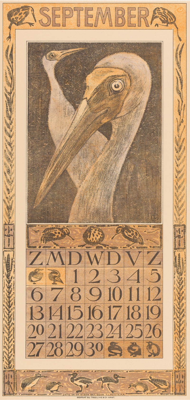 Kalenderblad september met twee vogels — Theo van Hoytema