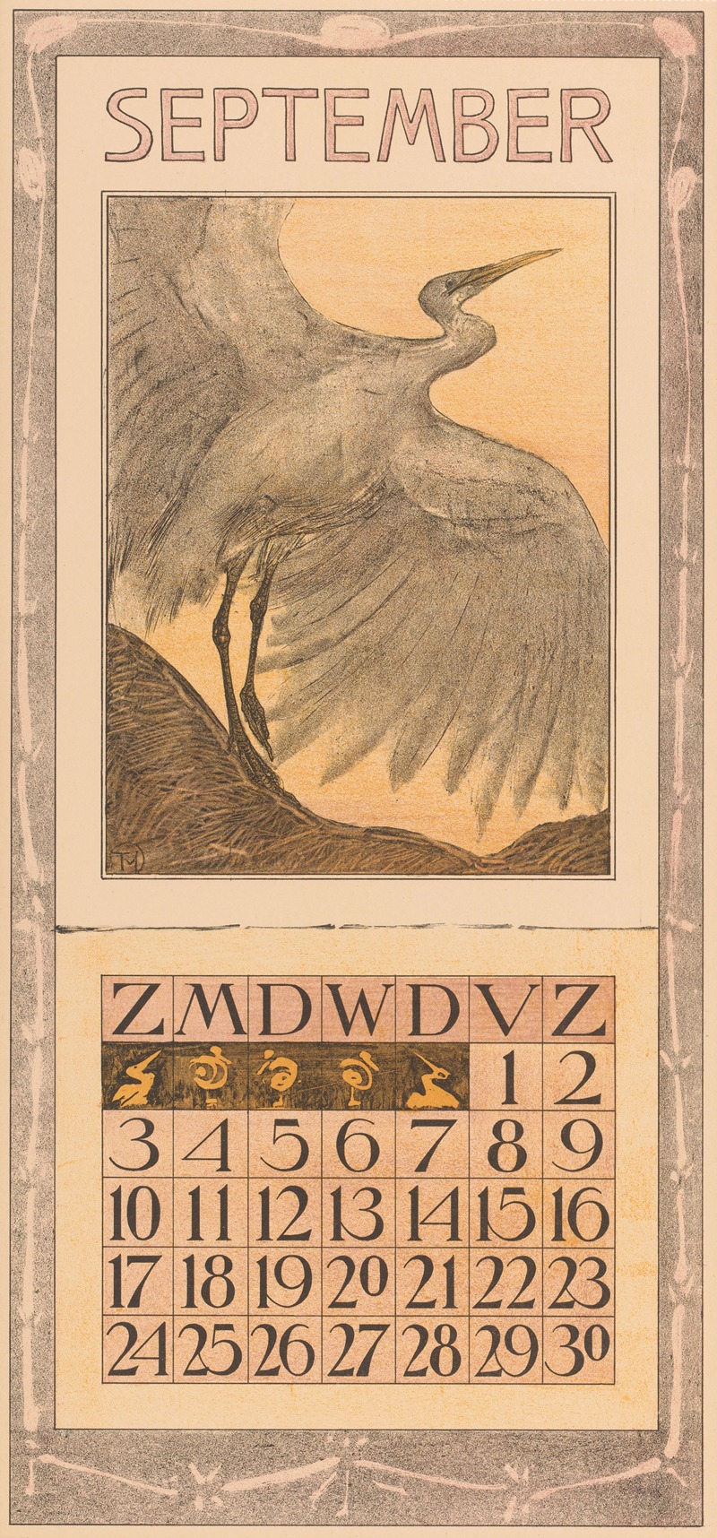 Kalenderblad september met zilverreiger — Theo van Hoytema