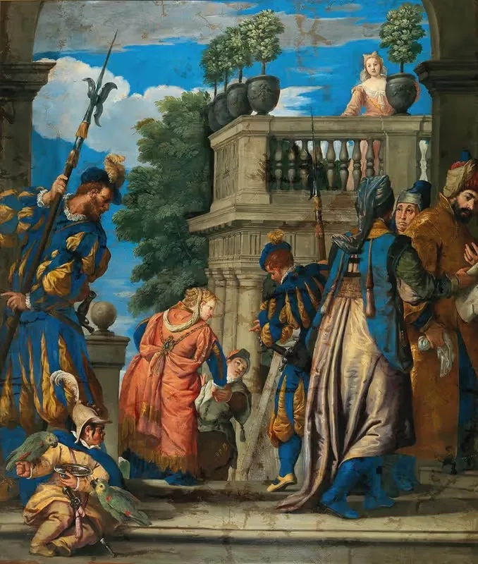 Elegant Figures With Halberdiers Near A Loggia — Follower of Paolo Caliari
