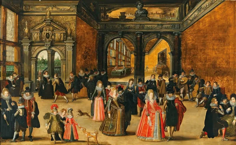 A Palace Interior With An Elegant Company — Workshop of Louis de Caullery