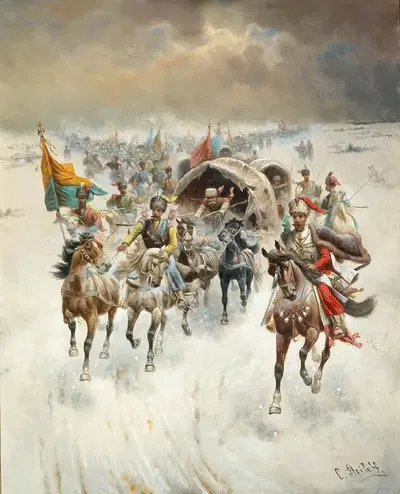 Cossack Train in a Winter Landscape by Adolf Baumgartner-Stoiloff — digital art print download