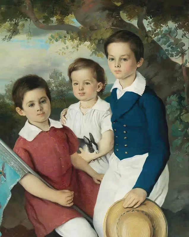 Portrait of Three Children with Rabbit — Circle of Joseph Weidner