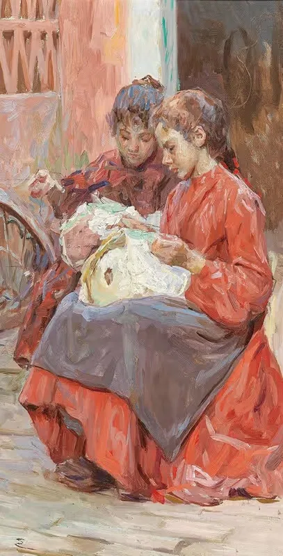 Две девушки, занимающиеся рукоделием by Йозеф Энгельхарт — digital art print download
