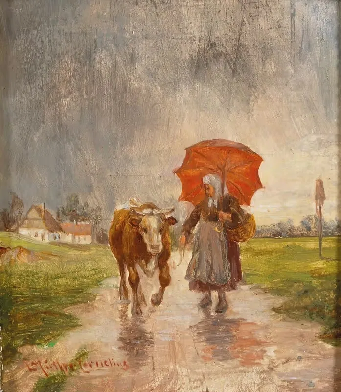 Returning Home with Red Umbrella by Ludwig Müller-Cornelius — digital art print download