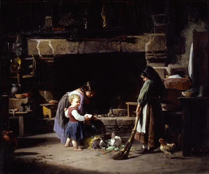 Farm Interior; Breton Children Feeding Rabbits — William Henry Lippincott