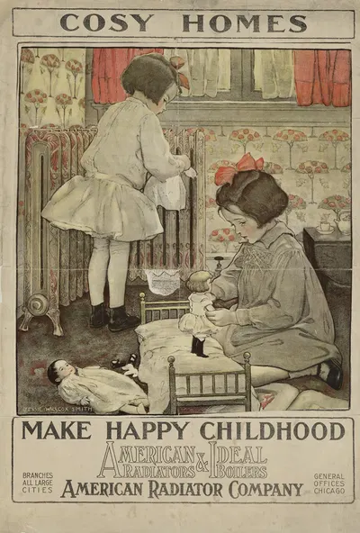Cosy homes make happy childhood American Radiators & Ideal Boilers by Jessie Willcox Smith — digital art print download