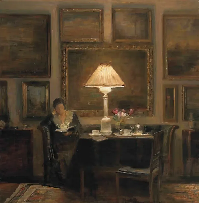 A lady reading by lamplight by Carl Holsøe — digital art print download