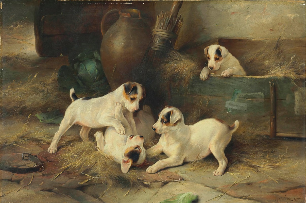Four Puppies at Play by Walter Hunt, 1903 — digital art print download