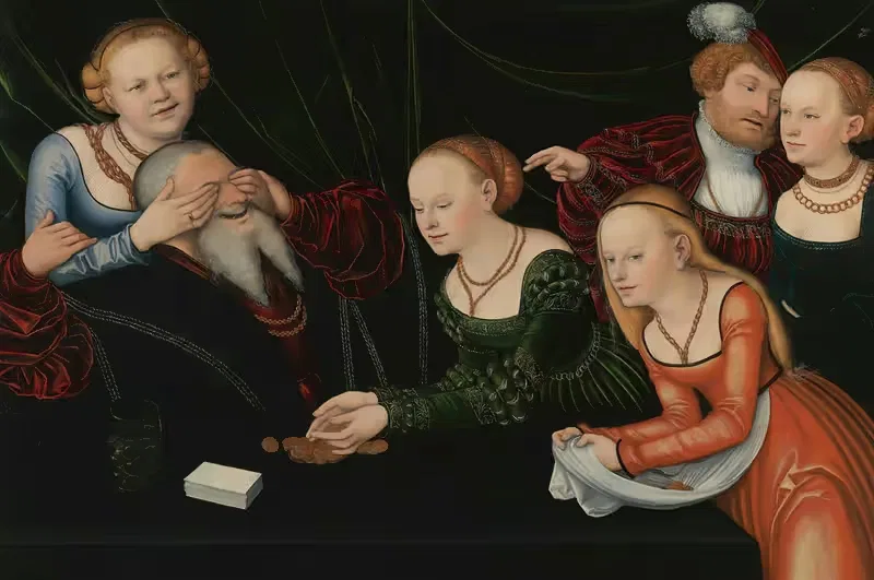 Old Man Beguiled By Courtesans by Lucas Cranach the Elder — digital art print download