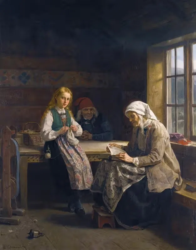 A Hardanger Interior, Young Girl Knitting — Adolph Tidemand