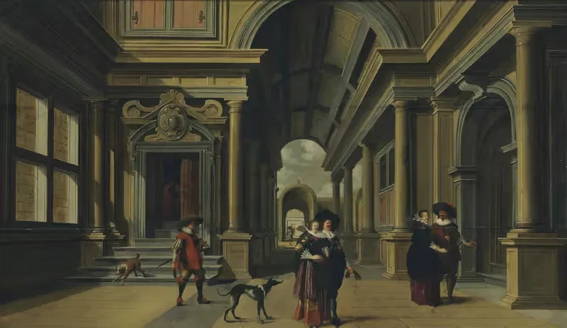 Elegant figures in a courtyard by Dirck Van Delen, 1628 — digital art print download