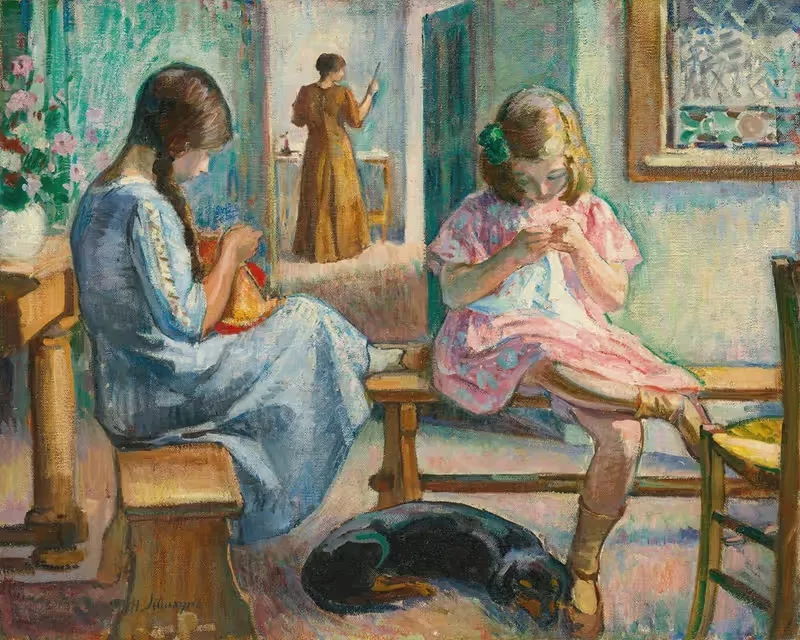 Marthe Et Nono Cousant Dans Un Intérieur — Henri Lebasque