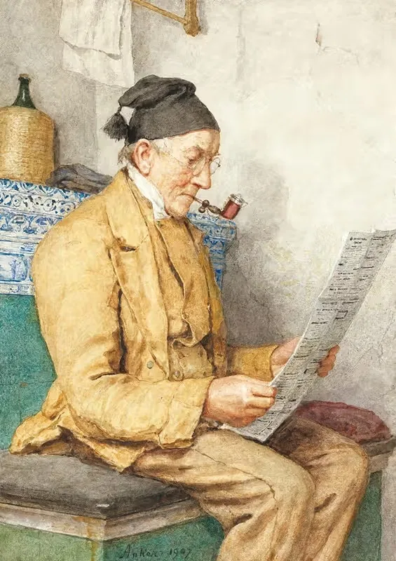 Reading Farmer Sitting By The Tiled Stove — Albert Anker