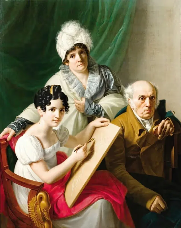 A Young Artist Drawing Her Father — French School