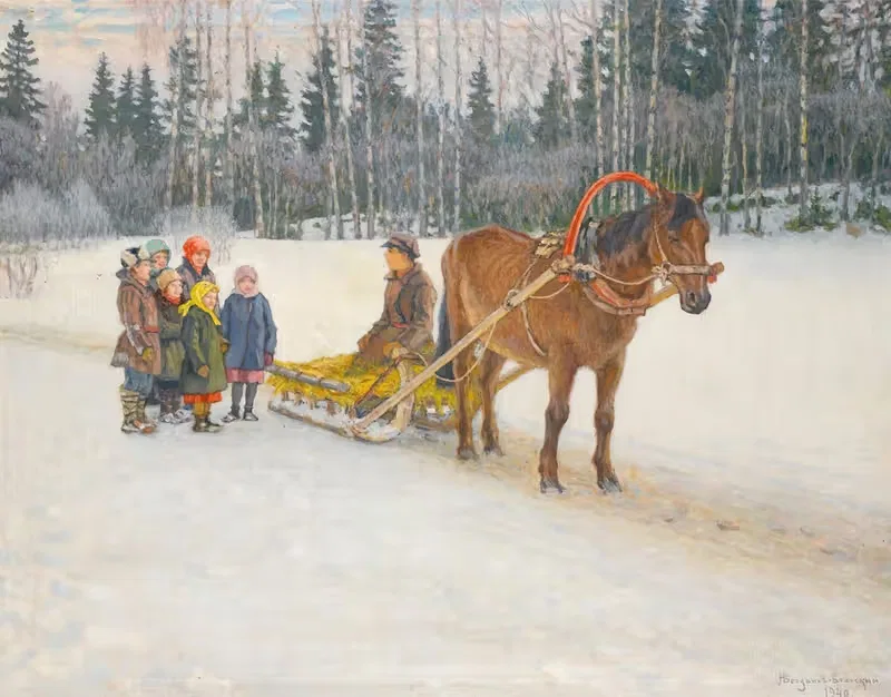 Зимние сани с детьми by Николай Богданов-Бельский, 1940 — digital art print download