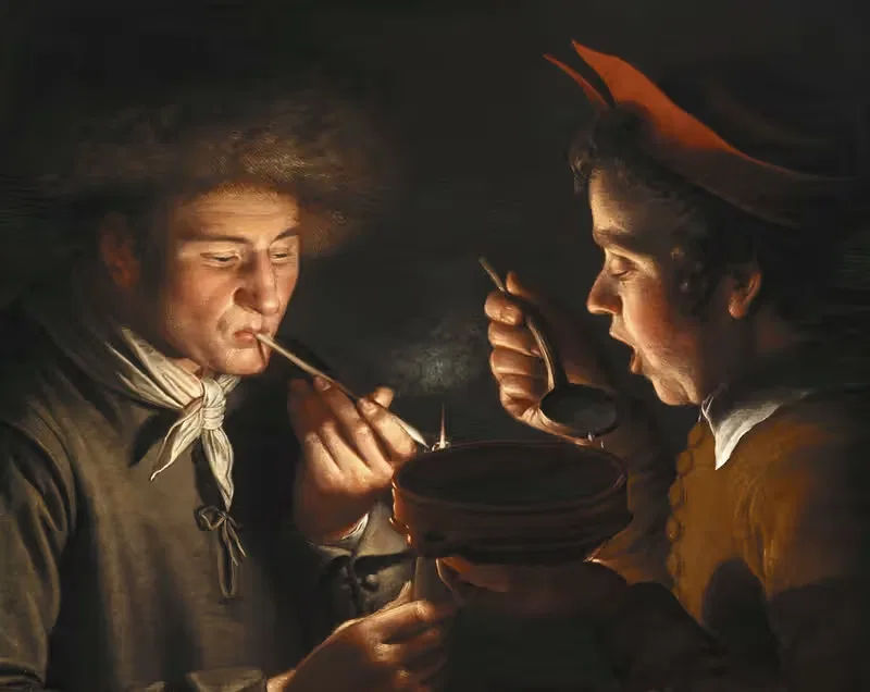A Man Smoking And Another Man Eating By Candlelight — Willem van der Vliet