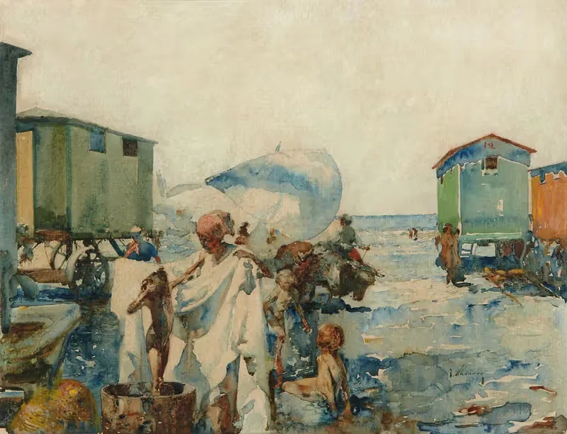 Купание на пляже рядом с повозками by Хосе Наварро и Ллоренс, c. 1915 — digital art print download