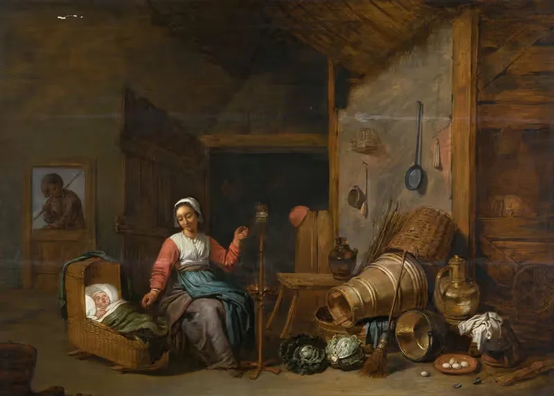 Interior with a mother spinning yarn by a cradle — Abraham Willemsens