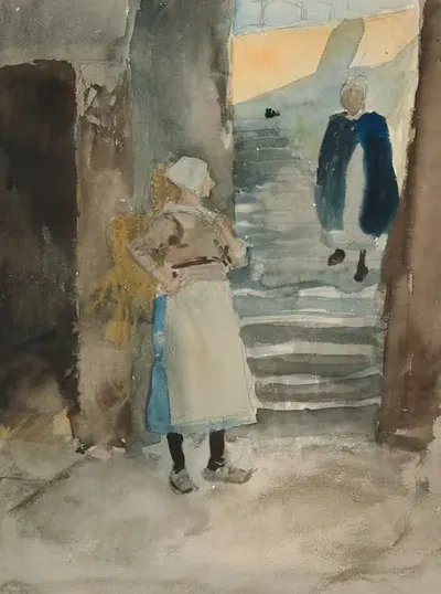 Уличная сцена с двумя рыбачками by Эдвин Остин Эбби — digital art print download