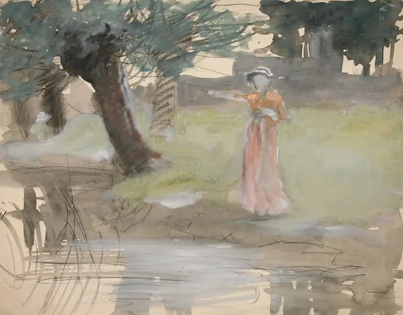 Woman standing by a riverbank — Edwin Austin Abbey