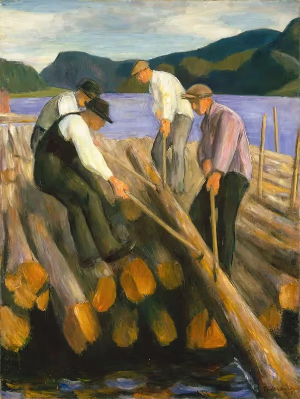 Men working on a Timber Boom by Erik Werenskiold, 1938 — digital art print download
