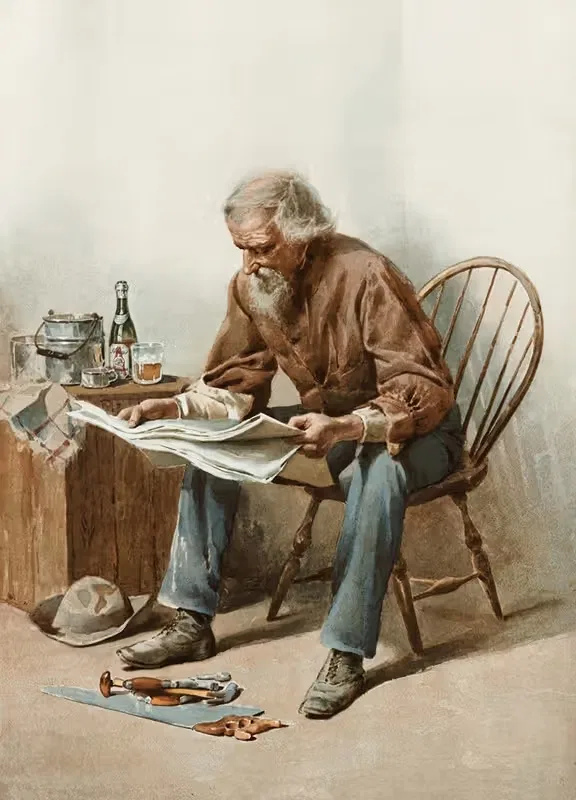 Older man sitting on a chair reading a newspaper — Anonymous