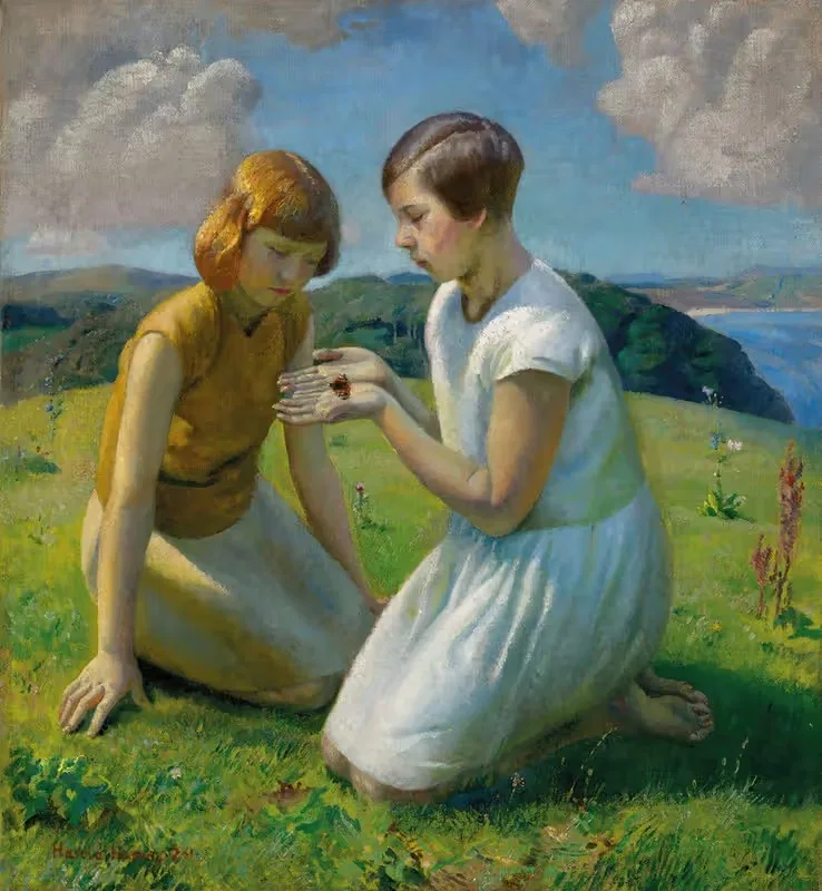Two young girls with a butterfly — Harold Harvey