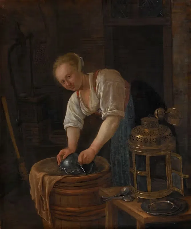 Женщина чистит металлические изделия by Ян Стейн, 1650 - 1660 — digital art print download