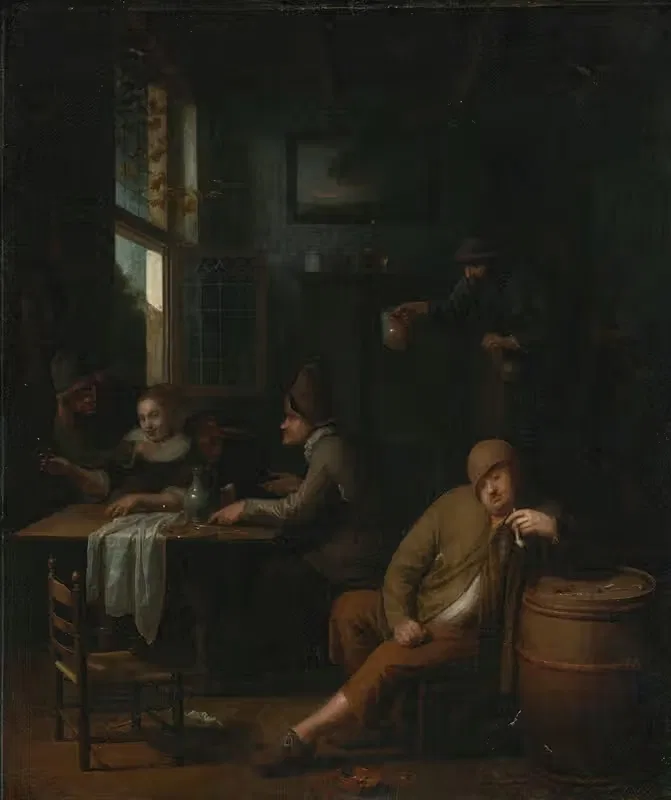A tavern interior with figures drinking at a table and a man smoking a pipe — Pieter Harmensz. Verelst