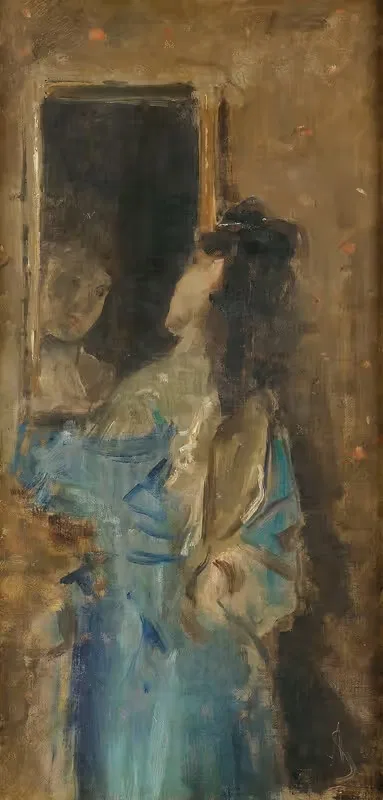 Girl in blue looking in a mirror — Alfred Stevens