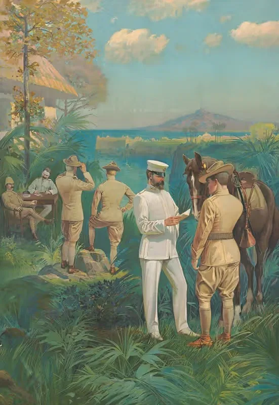 Military officers overlooking a bay — Anonymous