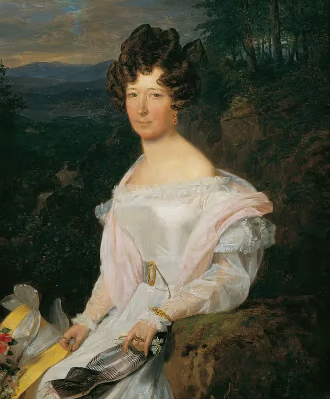 Dame in weißem Kleid vor einer Wienerwaldlandschaft — Ferdinand Georg Waldmüller