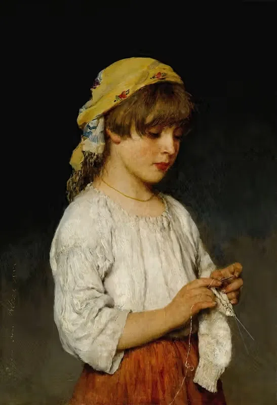 Knitting Girl With Headscarf — Eugen von Blaas