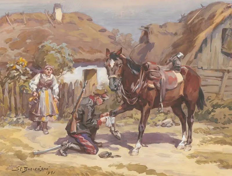 Ułan opatrujący konia — Stanisław Bagieński