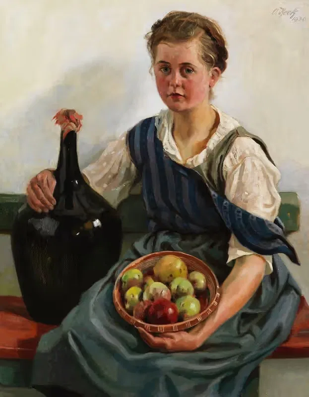 Девушка с фруктовой корзиной и бутылкой вина by Отто Кек, 1930 — digital art print download