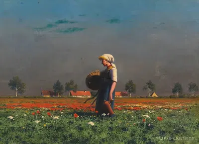 Девочка с корзиной и бутылкой в поле маков by Пауль Вильгельм Келлер-Ройтлинген — digital art print download