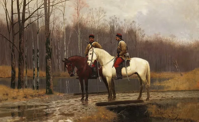 Два казака на лошадях by Вальдемар Лос, 1883 — digital art print download