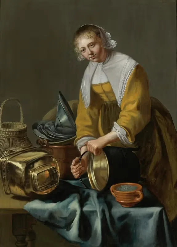 A Kitchen Maid Standing By a Table With Copper Pots, Pewter Plates And Other Objects — Willem van Odekercken