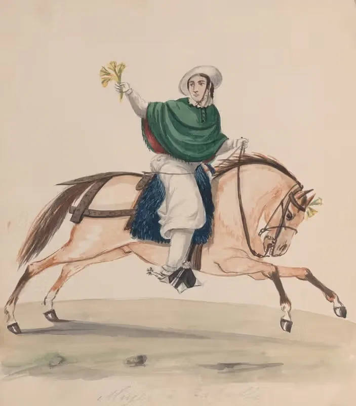 An elegantly dressed woman on horseback — Francisco Fierro