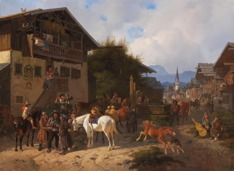Ярмарка лошадей в Партенкирхене by Август Франц Шельвер, 1837 — digital art print download