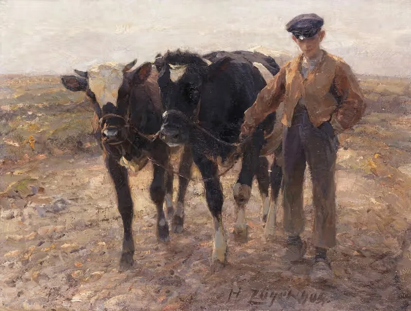 Hirte mit Jungrindern auf der Heide — Heinrich Von Zügel