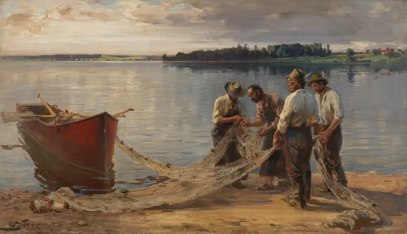 Netzflickende Fischer am Chiemseeufer — Joseph Wopfner