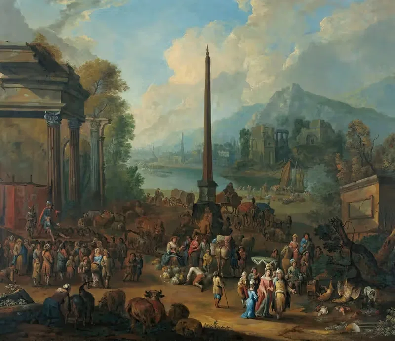 A Harbour Scene With Numerous Figures Attending Market — Peter Tillemans