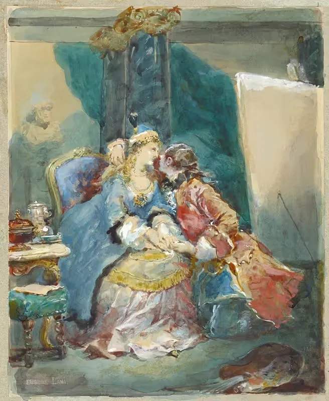 A Couple Embracing in an Artist's Studio — Eugène Lami