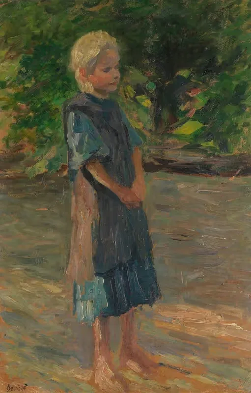 Стоящее девушка в синем платье by Томас Хербст, 1900 — digital art print download