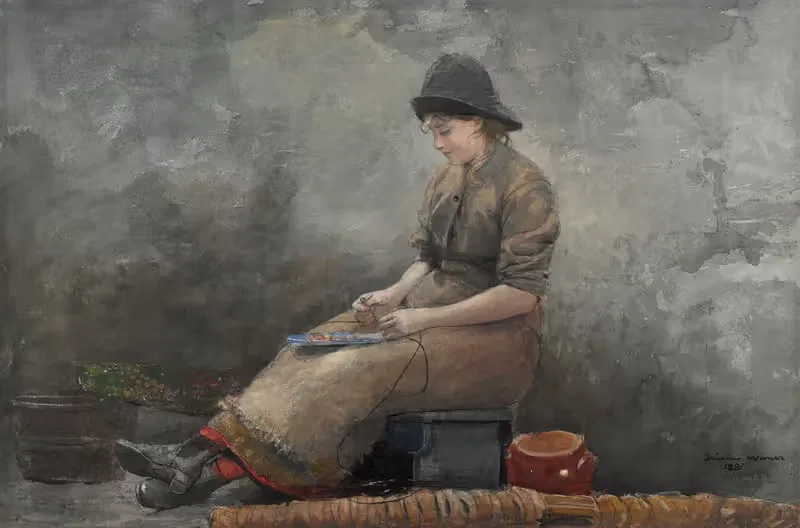 A Fishergirl Baiting Lines — Winslow Homer