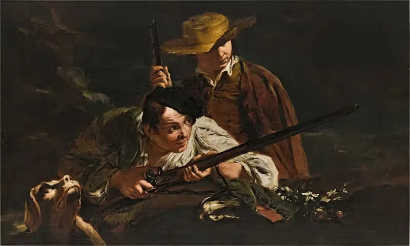 Молодые охотники с собакой by Мастерская Джованни Баттиста Пьязетты — digital art print download