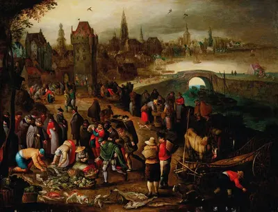 Рыбный рынок перед городом на воде by Питер Брейгель III, 1608 — digital art print download